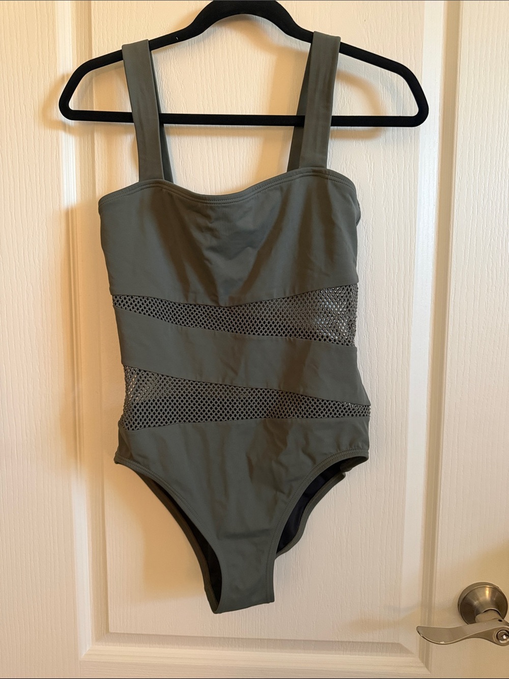 Carmen Marc Valvo Olive Green One-Piece Swimsuit with Mesh Insets
